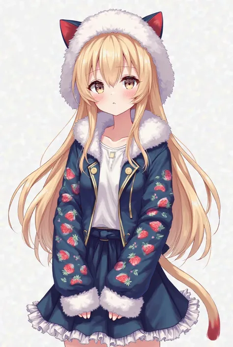 Female anime fair skin long blonde hair and loose eyes light blue fluffy white cat hat navy blue jacket with white with strawberries is the sleeves navy blue skirt with fringes with a fluffy white cat hat