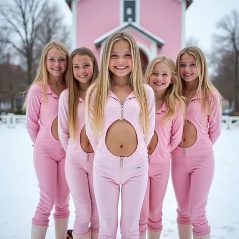 five blonde blushing playful Slovak girls with princess-like young faces, appear to be age seventeen, very thin skinny bodies, beautiful happy smiles, ultra realistic photo, very long hair, wearing extremely tight soft pink easter-themed pajama suits with ...