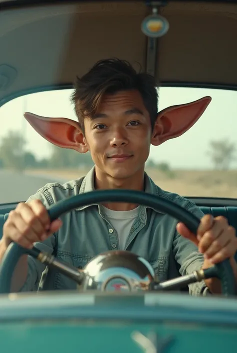 A young man with big ears in a Chevy car 