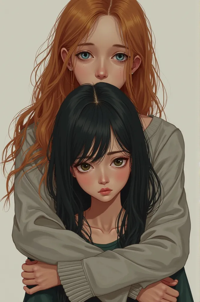 It generates an Asian girl with, lenses with long black hair with a serious face being hugged behind the back by another girl of tall Russian nationality with copper-blond hair and blue eyes