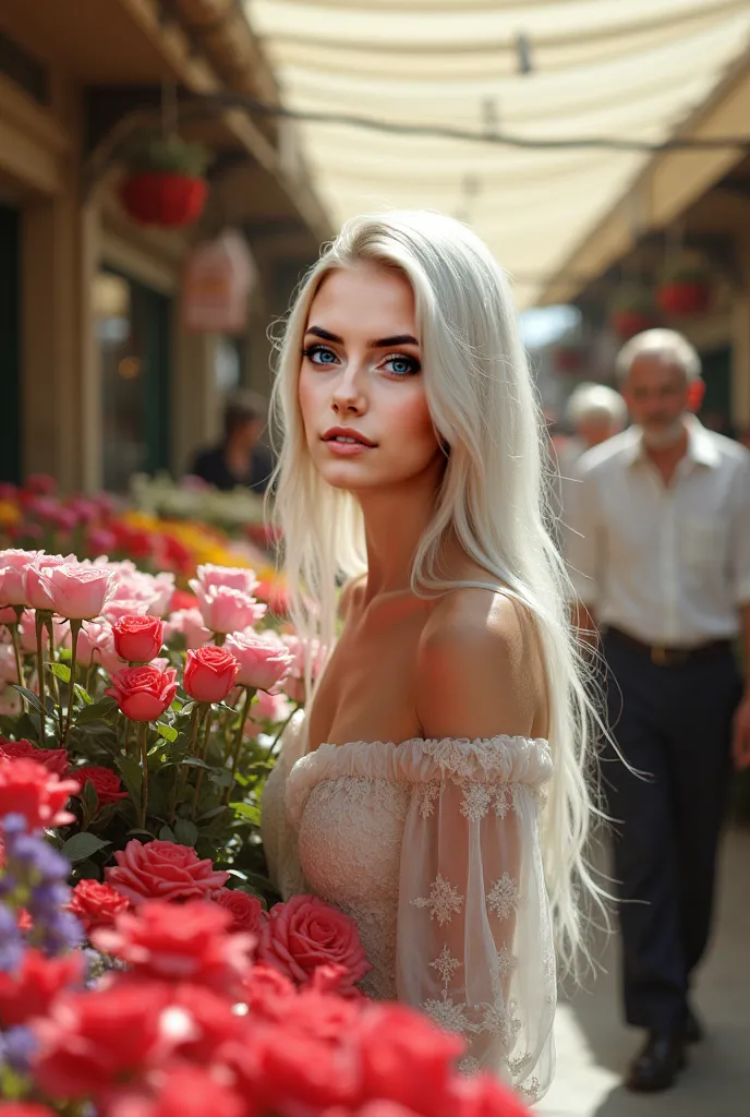 "A beautiful Instagram model with long white hair and green eyes walks through a flower market in Paris, gently touching the petals of fresh roses. The scent of lavender and peonies fills the air as she exchanges a warm smile with an elderly florist. The m...