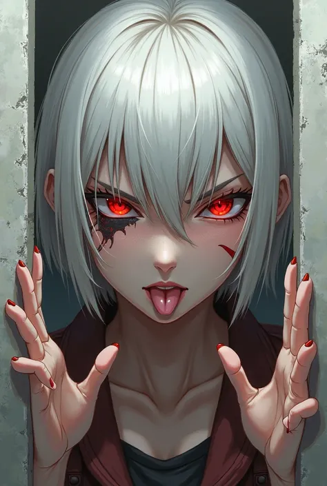 profile、Hands Are Wall Anime Girl, tongue out, scar on eye, bright red eyes and white hair,  real、 imaginary、 short hair、 （ put your hand on the wall、I'm getting up close to that face and directing my sharp gaze at me）I'm angry、Provocative face、