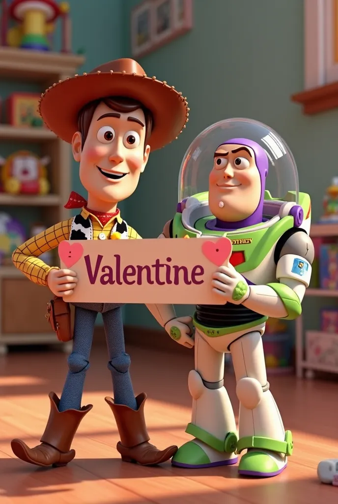 Create an image with Woody and Buzz toy story holding a sign with the name Valentine in their hand 