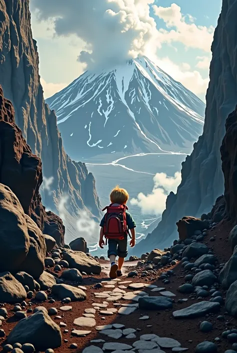 a boy with light brown hair walking along the path of a volcano carrying a backpack