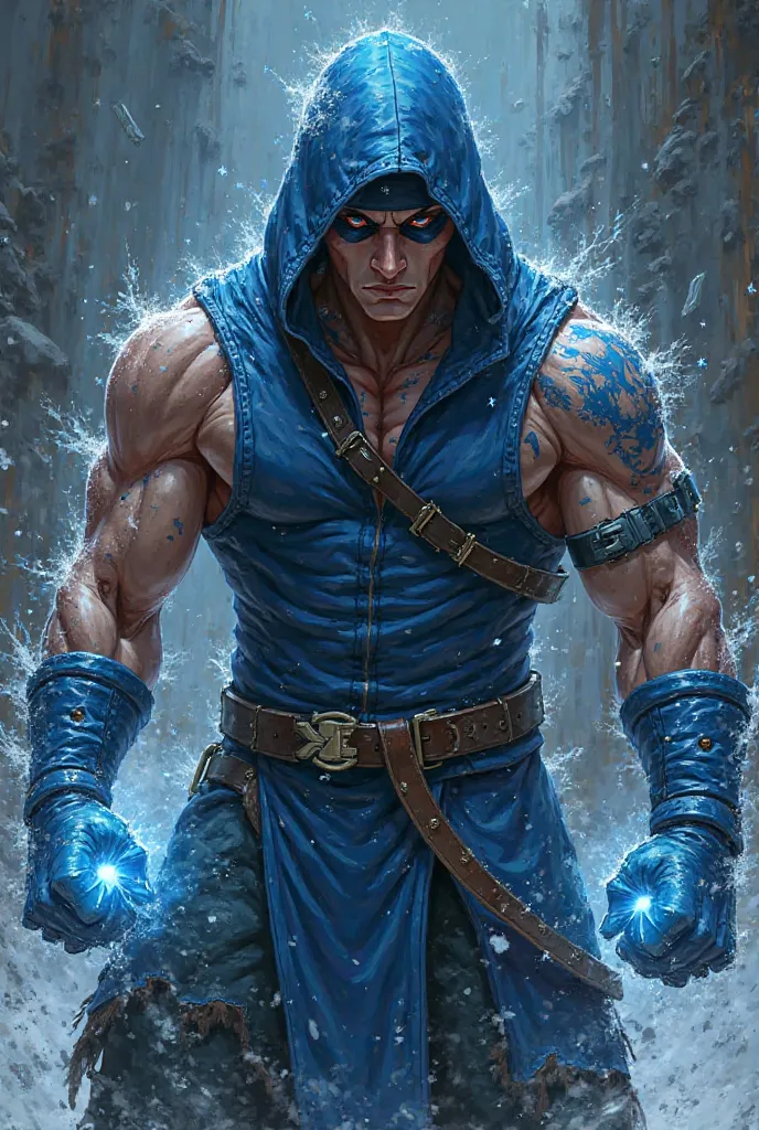 Muscular Sub Zero anime with a serious crazy face 