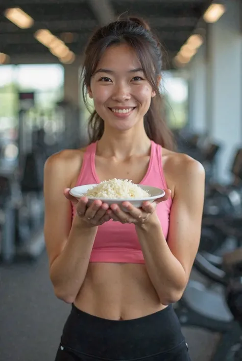 A good-looking Japanese woman, 25, is working out at the gym but showing a rice-hungry face, wanting to eat delicious food, wearing a pink gym shirt and black pants.