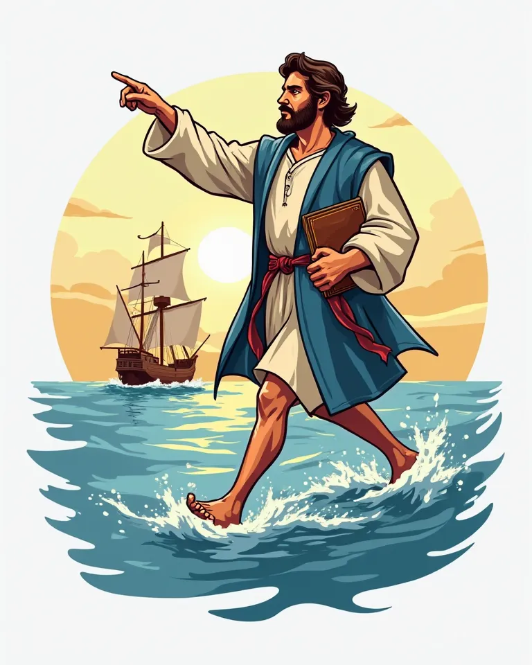  logo,  Picture of Christopher Columbus walking on water, points to the horizon with a finger. has a  holding a folder. Immagine stile  logo, vector graphic.