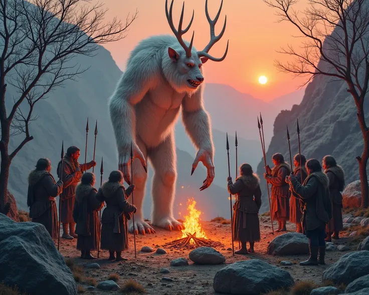 A group of ten wild mountain people have ignated a small fire in the mountains and roasting a deer on that. Suddanly a white yeti with very long hands and sharp claws and sharp long teeths come in front of  the group of ten people.  Yeti is twice bigger th...