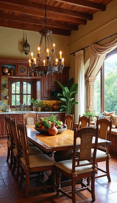 
Food Room – Dining & Kitchen

Prompt:
"A high-detailed interior of a Colombian-style villa’s food room, blending a rustic yet elegant dining and kitchen space. The dining area features a long handcrafted wooden table with decorative carvings, surrounded b...