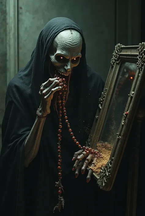 Scary man eating a rosary in front of a mirror in the middle of the night