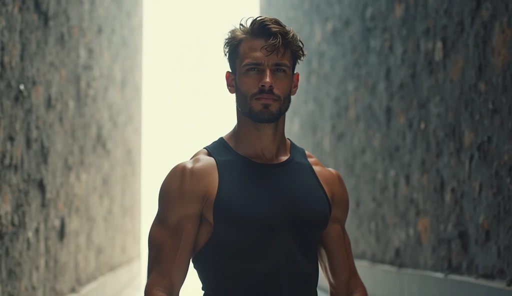 A young Lucas with a well-defined, physically attractive proportion, wearing a tight, minimalist athletic outfit, symbolizing focus and discipline. He has a very short and well-groomed beard and perfectly stylized wavy hair, and slightly tanned skin. He st...