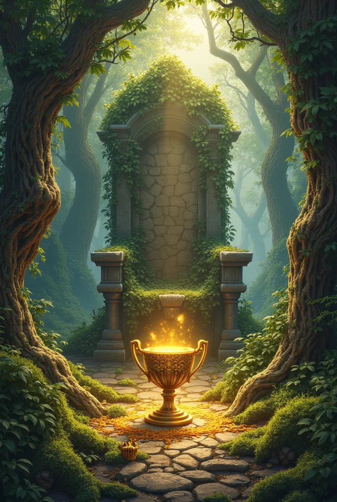 create for me an image of a magical forest, place a broken stone throne in the center of this forest place a golden cup lying on the ground shedding blood, Put on some rays of light, vinhas, moss, Place a golden crown on the ground, place the title in gold...