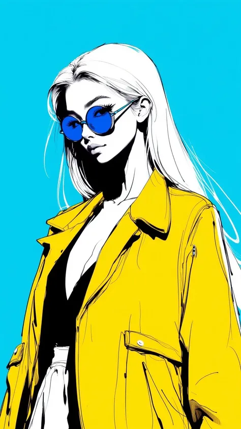 A stylish anime-style woman with long, sleek white hair, wearing round blue sunglasses and a vibrant oversized yellow jacket. The background is a solid bold blue color, creating a striking contrast. The illustration has a clean, sharp, and minimalistic aes...