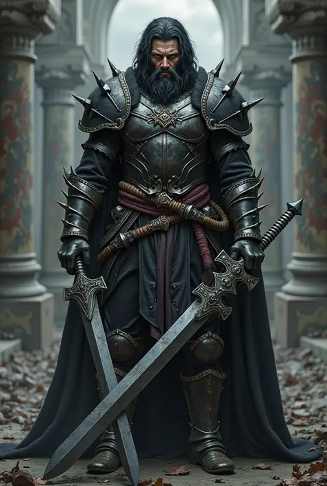 Warrior in his 30s.
 black hair . 
BLACK Gothic armor with metal spikes and religious symbols.
 wielding two longsword.
Without a helmet. 