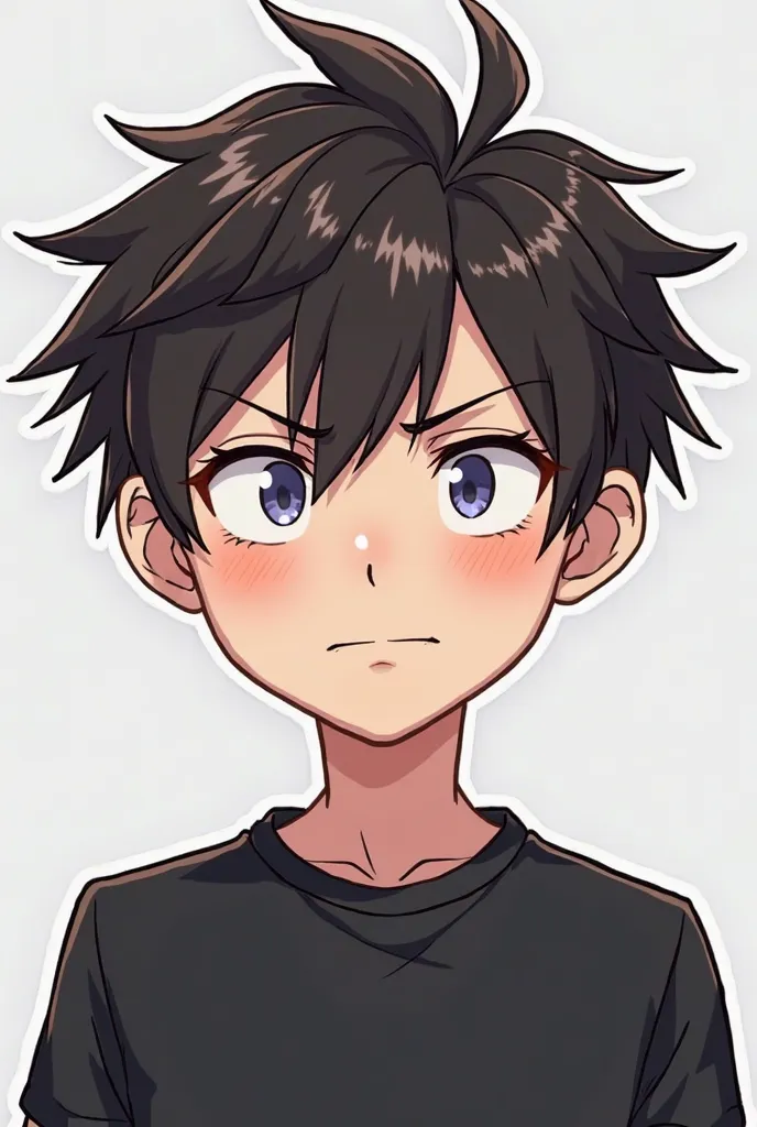 a cartoon of a man with a sad face and a black shirt, telegram sticker, telegram sticker design, twitch emote, pouting, angry look, baki style, angry looking, boyish face, androgynous face, devianart trending, scowling, trigger anime artstyle, male anime s...