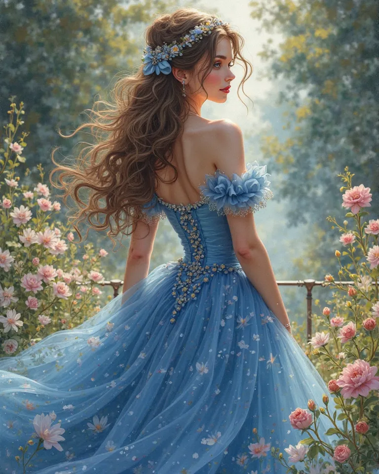  a girl, Alone, high resolution, masterpiece,  Precise, The best quality, Detail, Details altos, quality, Very detailed,  High quality, UHD, Textured skin,  European girl with European features , She is a princess,blue dress, long sweetheart neckline and V...