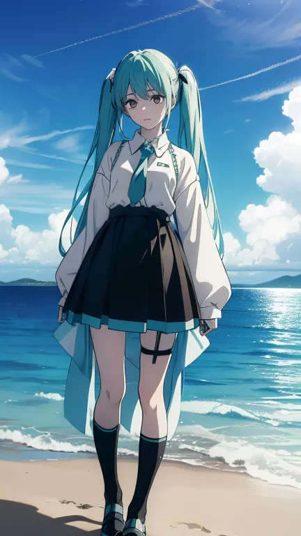 (((( is amazing, best quality, Ultra High Definition)))), ((( Hatsune Mikuが ビーチで空が綺麗，)))(((明るいsmile,)))((smile，不適なsmile，大胆なsmile，Mr.々なsmile， turn your hands backwards))  ( Hatsune Mikuの衣装， Hatsune Mikuのスカート、 Hatsune Mikuのヘットセットをつけていsる，Garter belt on leg、 H...