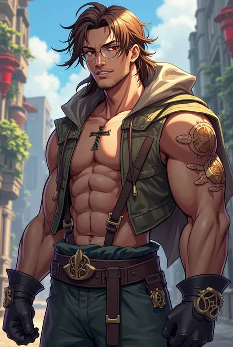 Make an order RPG character, em cartoon,  medium muscular body , a character with brown hair, With Red Eyes, with a cross on his chest, he wears round glasses, He's wearing a cover