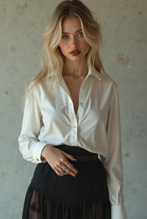 age girl, black nails, brown lips with bold black lip liner, black tights, skirt, white shirt emphasizing the neckline, blonde.







