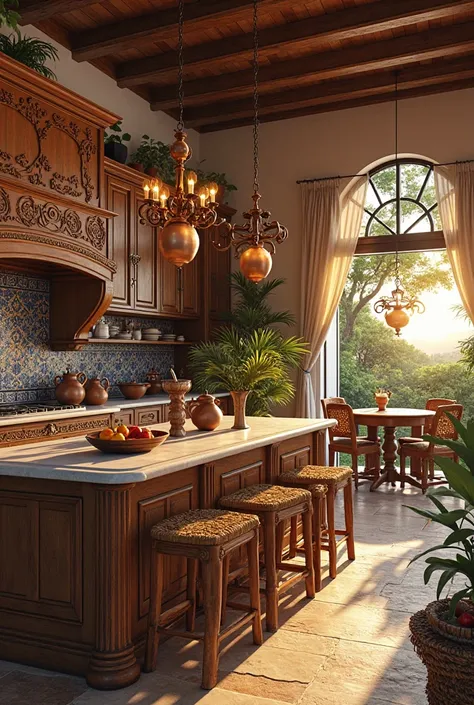 

Kitchen Room – Colombian Style

Prompt:
"A high-detailed interior of a Colombian-style villa’s kitchen during the evening, illuminated by warm ambient lighting. The space blends rustic charm with luxury, featuring handcrafted wooden cabinetry with intric...