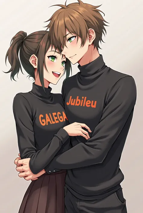 Personajems couple with green eyes black turtleneck shirt a name JUBILEU on the chest of the man GALEGA that of the woman in capital letters in the anime theme