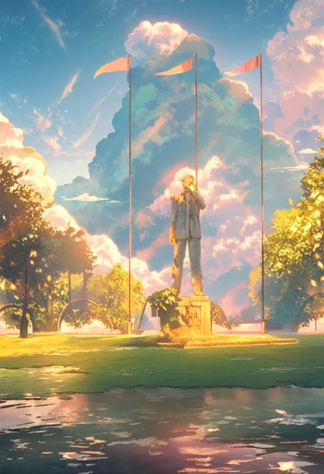 A stunning park in a beautiful anime-style, inspired by Studio Ghibli’s dreamy and vibrant aesthetics. At the heart of the park stands a majestic statue of a historical figure of a man wearing a military uniform on an aged stone pedestal, flanked by three ...