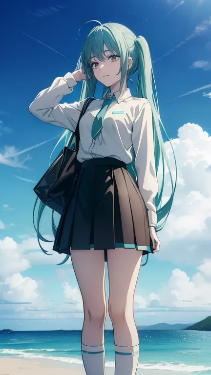 (((( is amazing, best quality, Ultra High Definition)))), ((( Hatsune Mikuが ビーチで空が綺麗，)))(((明るいsmile,)))((smile，不適なsmile，大胆なsmile，Mr.々なsmile， turn your hands backwards))  ( Hatsune Mikuの衣装， Hatsune Mikuのスカート、 Hatsune Mikuのヘットセットをつけていsる，Garter belt on leg、 H...