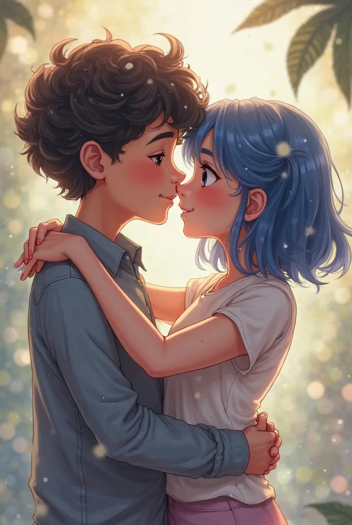 Generate a photo of a black curly haired boy with brown eyes and a girl who is shorter, has blue hair with bangs and has blue eyes. Make them kiss