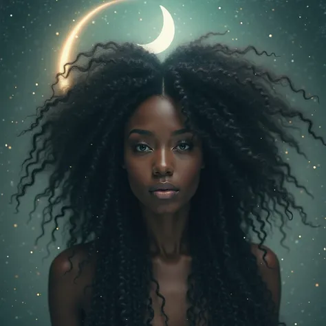 Une femme avec de longs cheveux noir avec un Afro et une lune. 