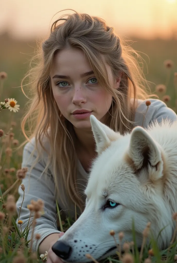 Generate a young woman with white skin, green eyes, her semi-light brown hair and little makeup. It must be in a beautiful passage and with a sunset-like sky, where a big white wolf with blue eyes is sitting on the grass and next to her that must be lying ...