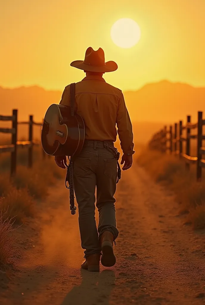 A lone cowboy walks down a dusty dirt road at sunset, wearing a wide-brimmed hat and worn leather boots. He carries an old acoustic guitar, its strap slung over his shoulder. The background features an open landscape with distant mountains and a rustic woo...