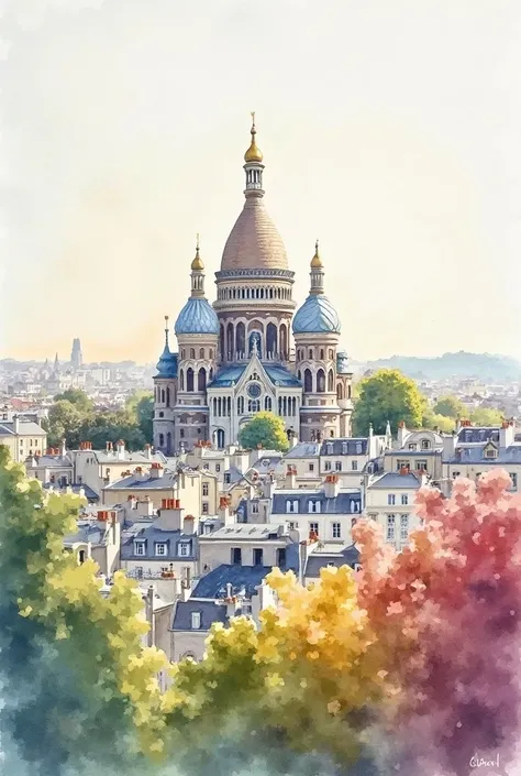 A watercolor painting of the view looking up at Sacre-Coeur in Paris France in a soft, watercolor style. There should be a subtle, nuanced change in colors using the impasto technique with gouache paint. There should be a light wash to the watercolor paint...