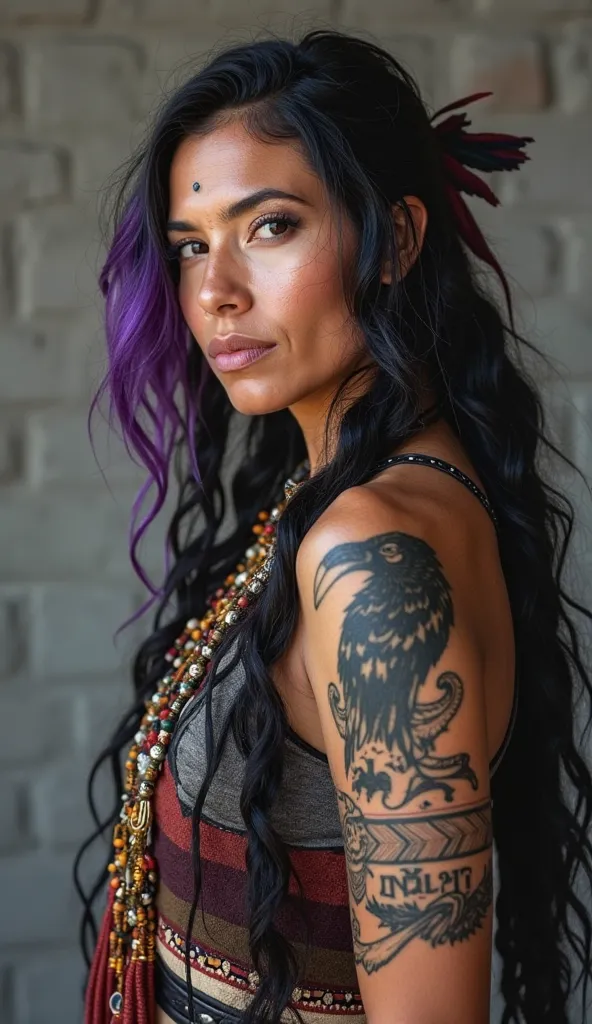 43 year old North American Indigenous woman, black hair with purple highlights, raven tattoo on right shoulder, howling wolf tattoo on left shoulder, archery bow tattoo on inner left forearm, archery arrow tattoo on inner right forearm, wearing modernized ...