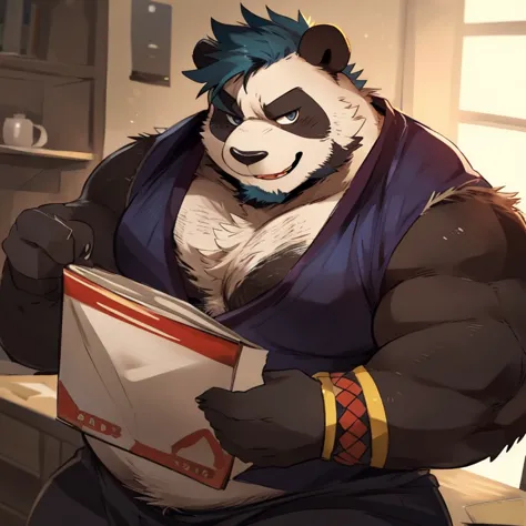 panda, furry, without tail, handsome, very muscular, very big, extremely hot and sexy, beard, hair, chest hair, charming eyes, solo, male, happy expression, daddy, full body, big body, clothes, middle aged, by hyaku, by darkgem, by glitter trap boy