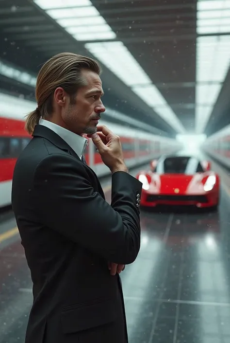 Give me an image of Brad Pitt hesitating to ride a super technological bullet train or a Ferrari