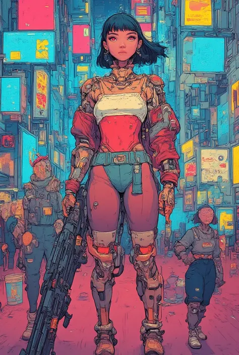 A sexy cyborg woman. cyberpunk. Cybernetic components. cyberpunk clothing  . Queue de cheval et frange. huge drooping chest. A very wide neckline. ville dystopique. She is armed with a sniper rifle. She is wearing sexy cybernetic armor and fishnet stocking...