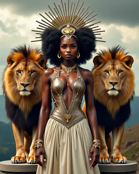 A regal, dark-skinned woman stands between two majestic lions, exuding an aura of power and divinity. She wears an elaborate headdress adorned with metallic spikes and gemstones, radiating outward like a sunburst. Her voluminous afro frames her face, accen...