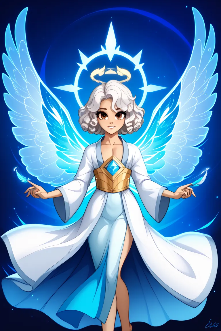 androgynous, feather wings, halo, brown eyes, short hair, wavy hair, white hair, ((vfx, sfx, blue energy)), (vertical stomach mouth), wearing robe, 