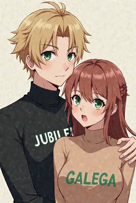 Personajems couple with green eyes black turtleneck shirt a name JUBILEU on the chest of the man GALEGA that of the woman in capital letters in the anime theme