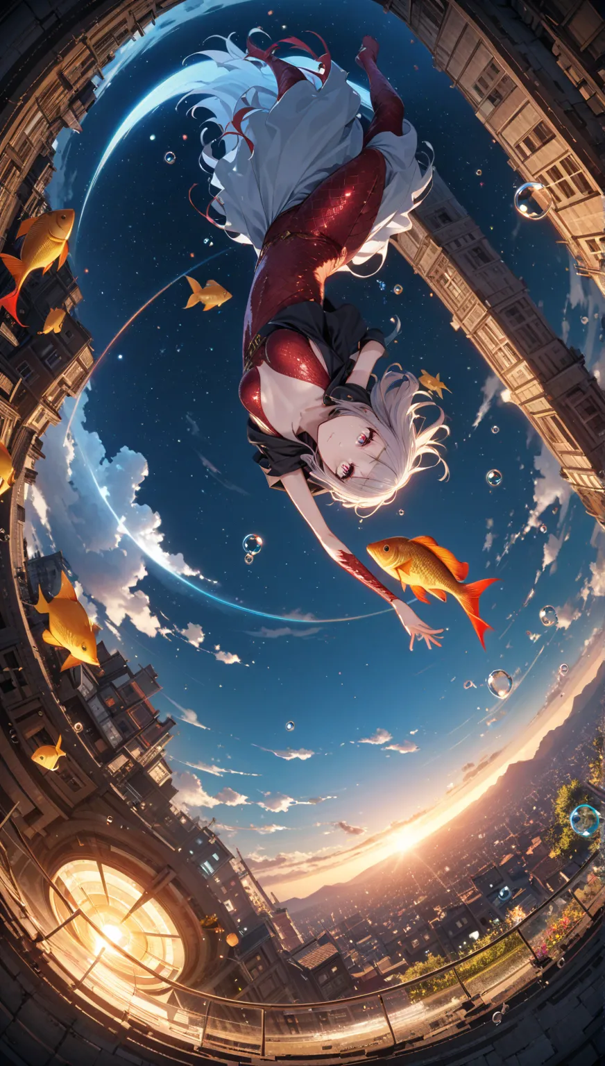 feminine\(student,  , JK, short silver hair, Cosmic colored eyes , black school uniform,  pale skin , A tired face with no shine in the eyes\) looking at the sky, (Many golden fish with shiny red scales swim in the air), (clear crystal bubbles as if they w...