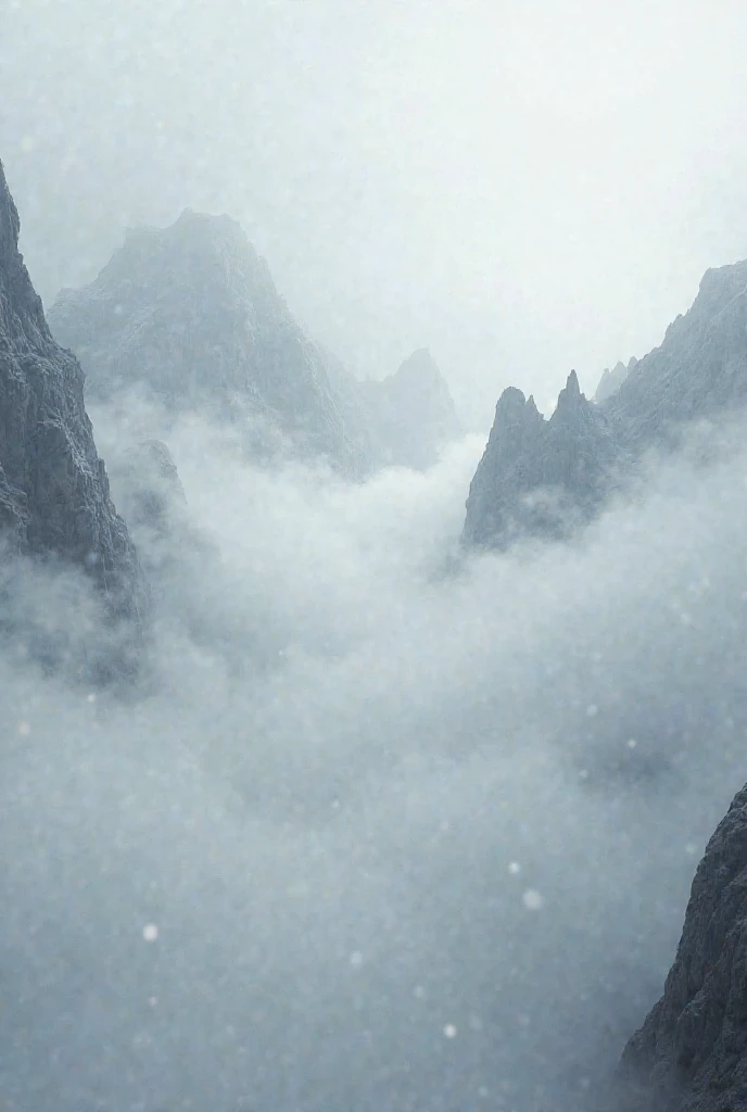 Heavy white and silver fog interfere with each other with gray mountains in the back. Heavy white and silver fog interfere with each other with gray mountains in the back