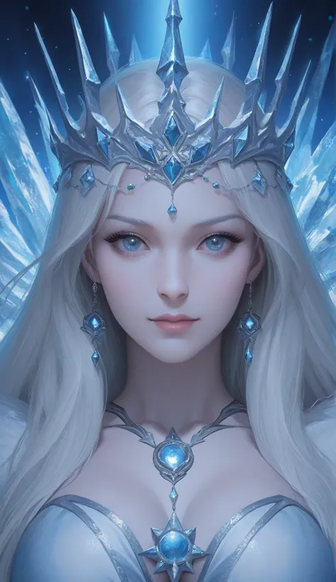 a close up of a woman with long white hair and blue lights, ice witch, digital fantasy art ),  karol bak uhd, beautiful witch,  Fantastic and dazzling lighting , Woman fantasy, a beautiful witch, ice queen, Beautiful Ice Witch , witch, goddess of winter, f...