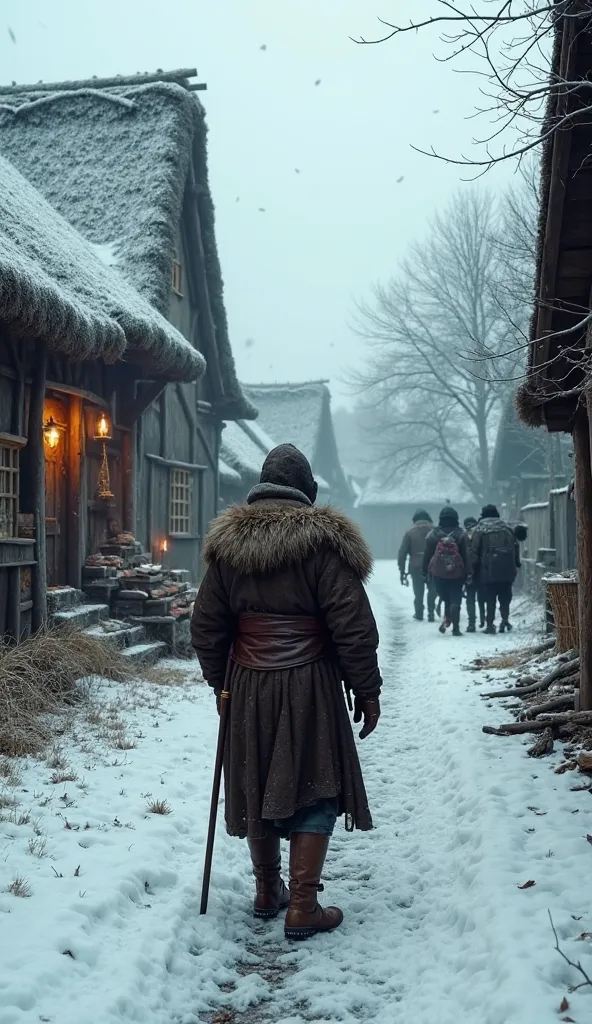 isão in the first person walking through a medieval village in Wolfhall, England, In the winter of 1227. The leather boots sink into the fine snow as the icy wind blows between the wooden houses with thatched roofs covered with ice. The smell of burning wo...