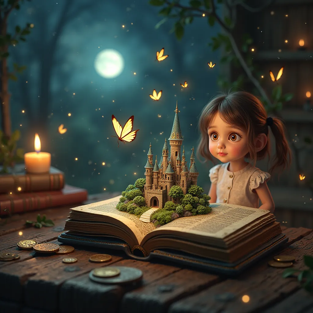 "A cinematic 3D render of a scene where an old, ornate book is open to reveal a miniature, fantastical landscape. This landscape features a majestic castle with pointed spires, surrounded by lush greenery and a serene moonlit night sky. A young girl with c...