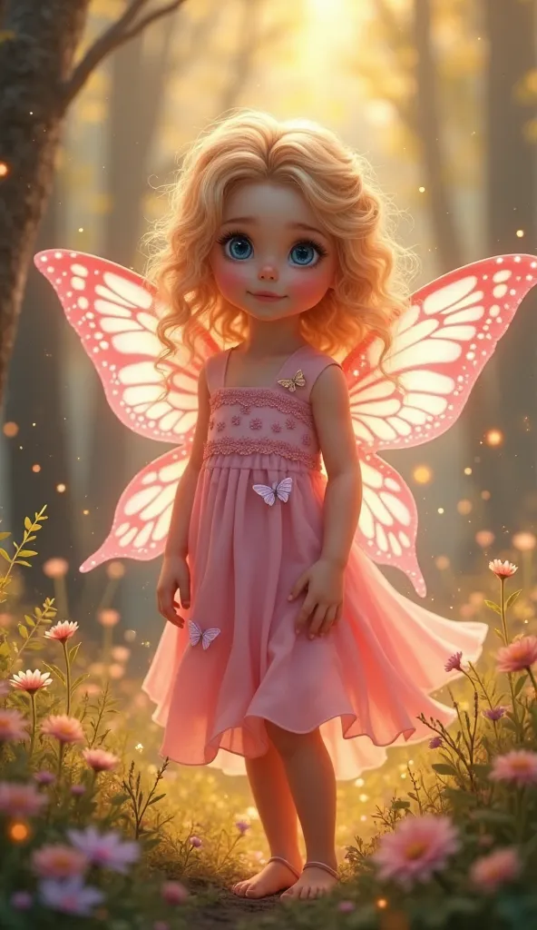 Here’s the adapted prompt with pink tones:  

**Prompt:**  
"A mesmerizing digital painting of a young fairy girl with curly golden-blonde hair, standing in an enchanted forest bathed in warm, golden light. Her large, expressive blue eyes radiate innocence...