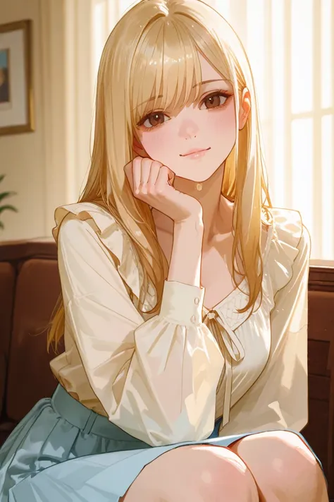  a tall woman, blonde,  with brown eyes,  long hair and bangs , wearing a light blue long sleeve blouse while wearing a light blue skirt, talking about something 