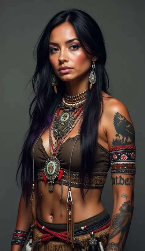 43 year old North American Indigenous woman, black hair with purple highlights, raven tattoo on right shoulder, howling wolf tattoo on left shoulder, archery bow tattoo on inner left forearm, archery arrow tattoo on inner right forearm, wearing traditional...