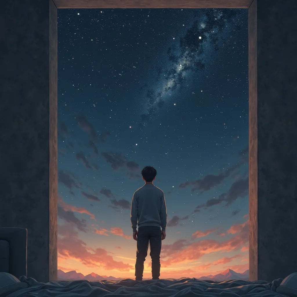 man standing in his bedroom looking to the stars in the sky. his room composed of 4 walls and has no roof. 