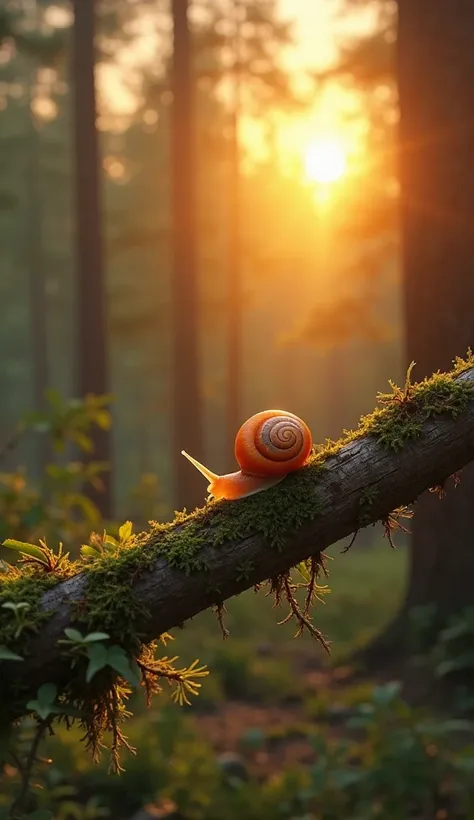 "A breathtaking sunrise in a dense forest, with golden sun rays piercing through tall evergreen trees. A small, vibrant orange snail with a beautifully detailed spiral shell is slowly crawling on a moss-covered tree branch. The branch is rich in texture, w...