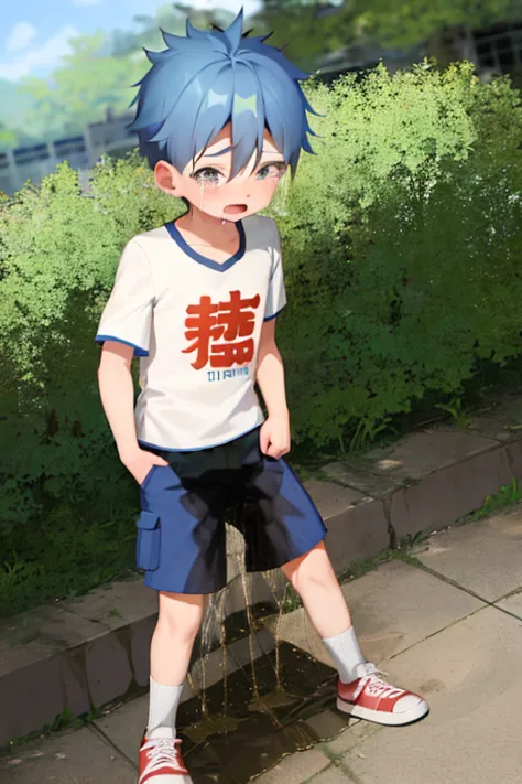 A little Chinese boy around 12，Normal body shape is slightly thin，He wears light blue and white short sleeves，Light blue shorts，sneakers, standing in the park。At this point he felt a great urgency to urinate，Cover your crotch tightly with your hands，But it...